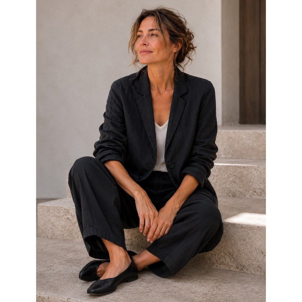 Eileen Fisher Linen Blend Blazer Women 6 Black Italian Fabric Single Button
